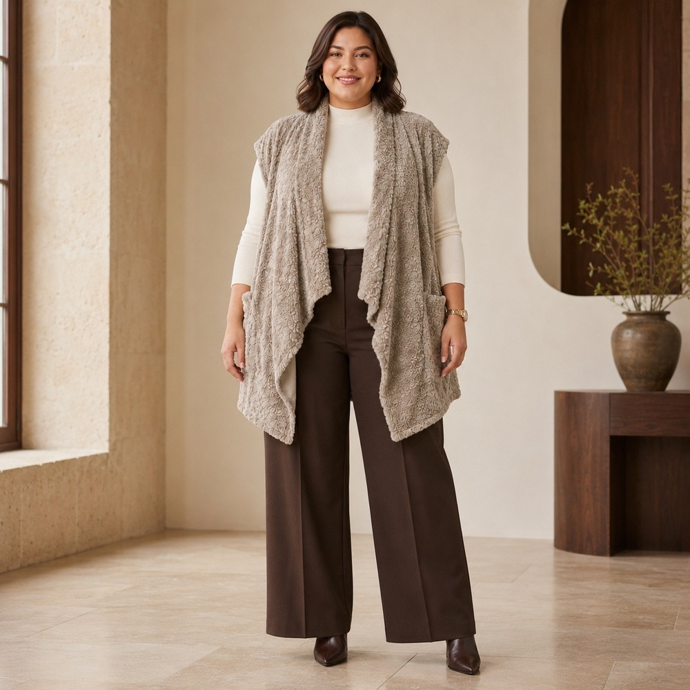 Multiples Vest Beige Faux Fur Open Front Draped Pocket Cozy Glam Winter Plus 2X